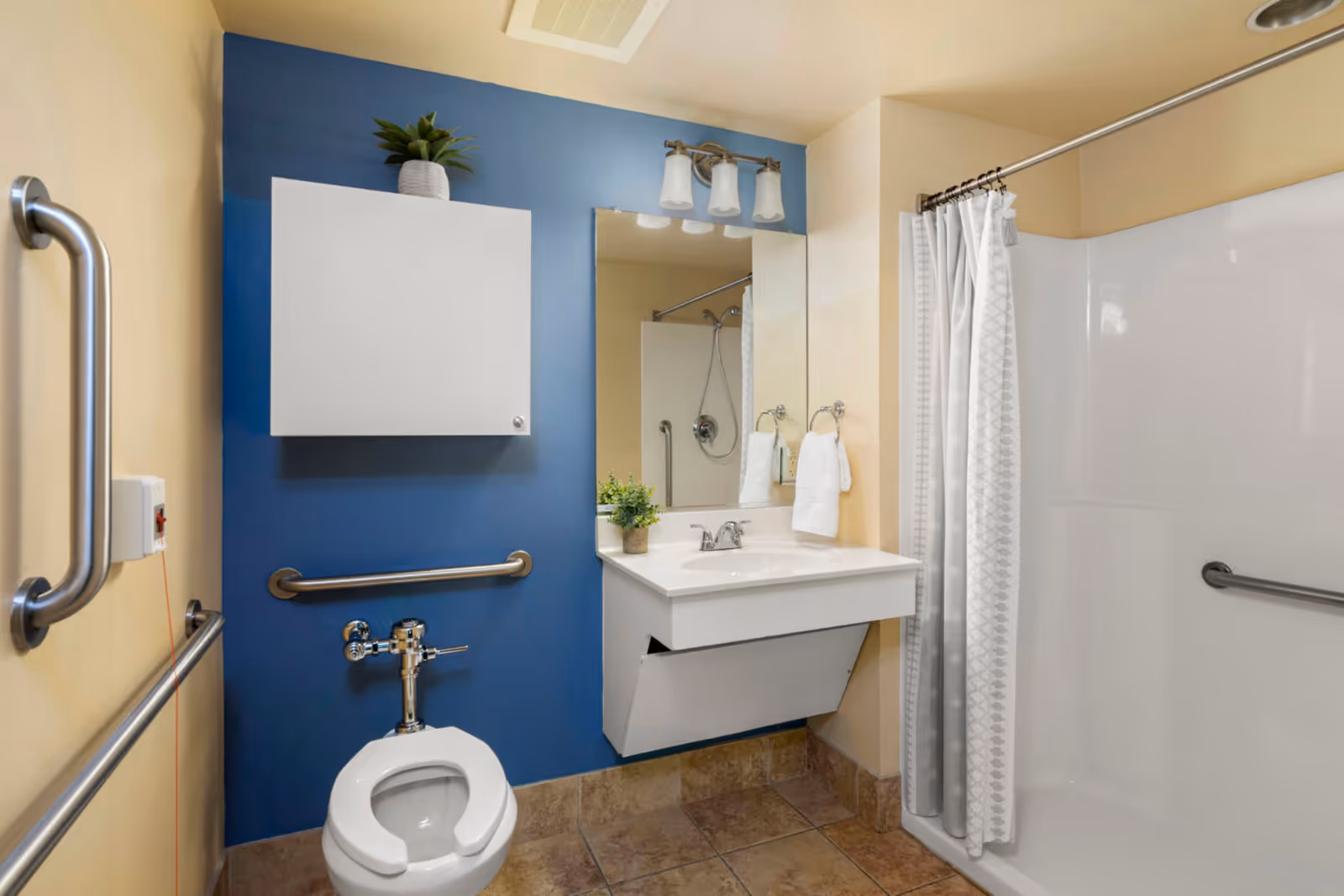 A clean and accessible bathroom with beige and blue walls. The bathroom features a white toilet with grab bars on the walls, a white sink with a mirror above it, a small potted plant on the sink counter, a white cabinet mounted on the blue wall, and a shower area with a white curtain and grab bars.