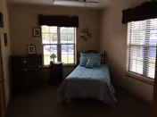 Small bedroom with a single bed, dresser, nightstand and two windows with blinds.