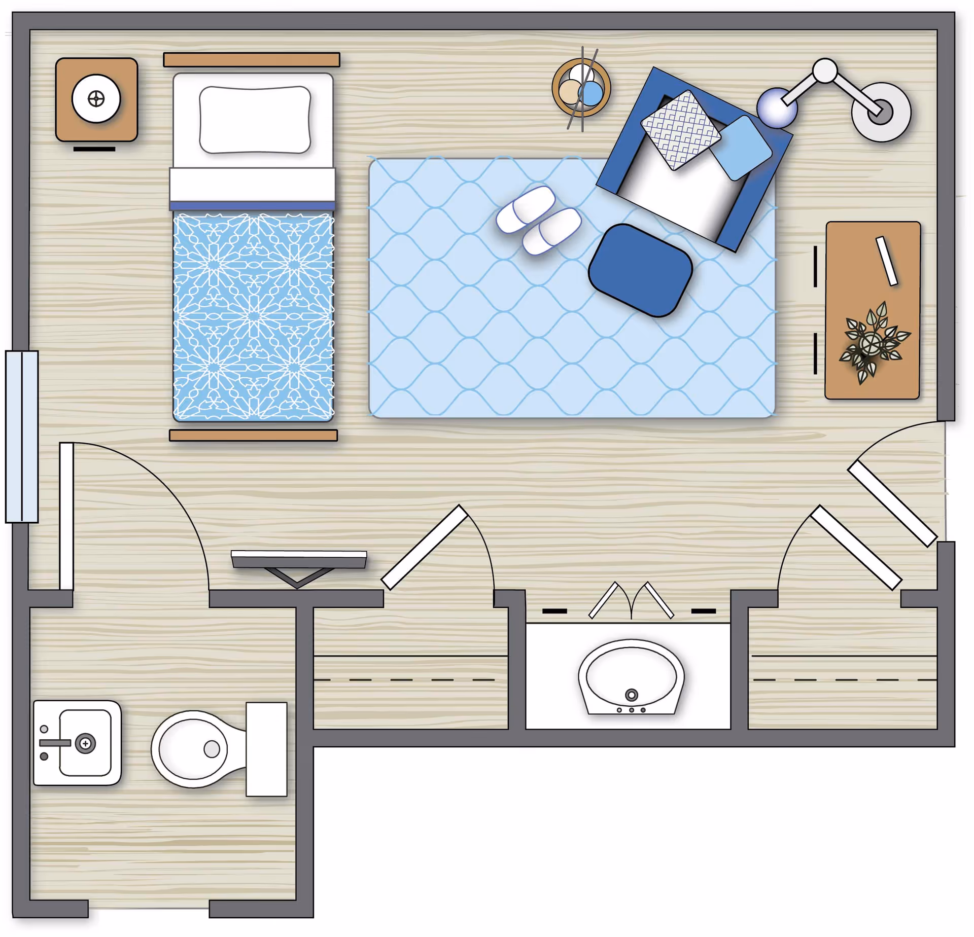 Top-down floor plan of a senior living bedroom with a single bed, a blue patterned blanket, a blue armchair with pillows, a small table with a plant, a rug, slippers, and an attached bathroom with a sink and toilet.