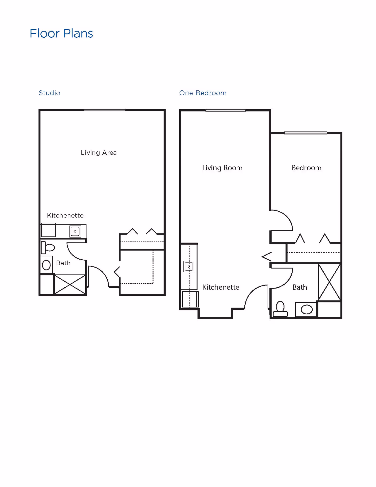 Floor plans for Brookdale Mirage Inn showing two layouts: a Studio with a living area, kitchenette, and bath; and a One Bedroom with a living room, kitchenette, bedroom, and bath.