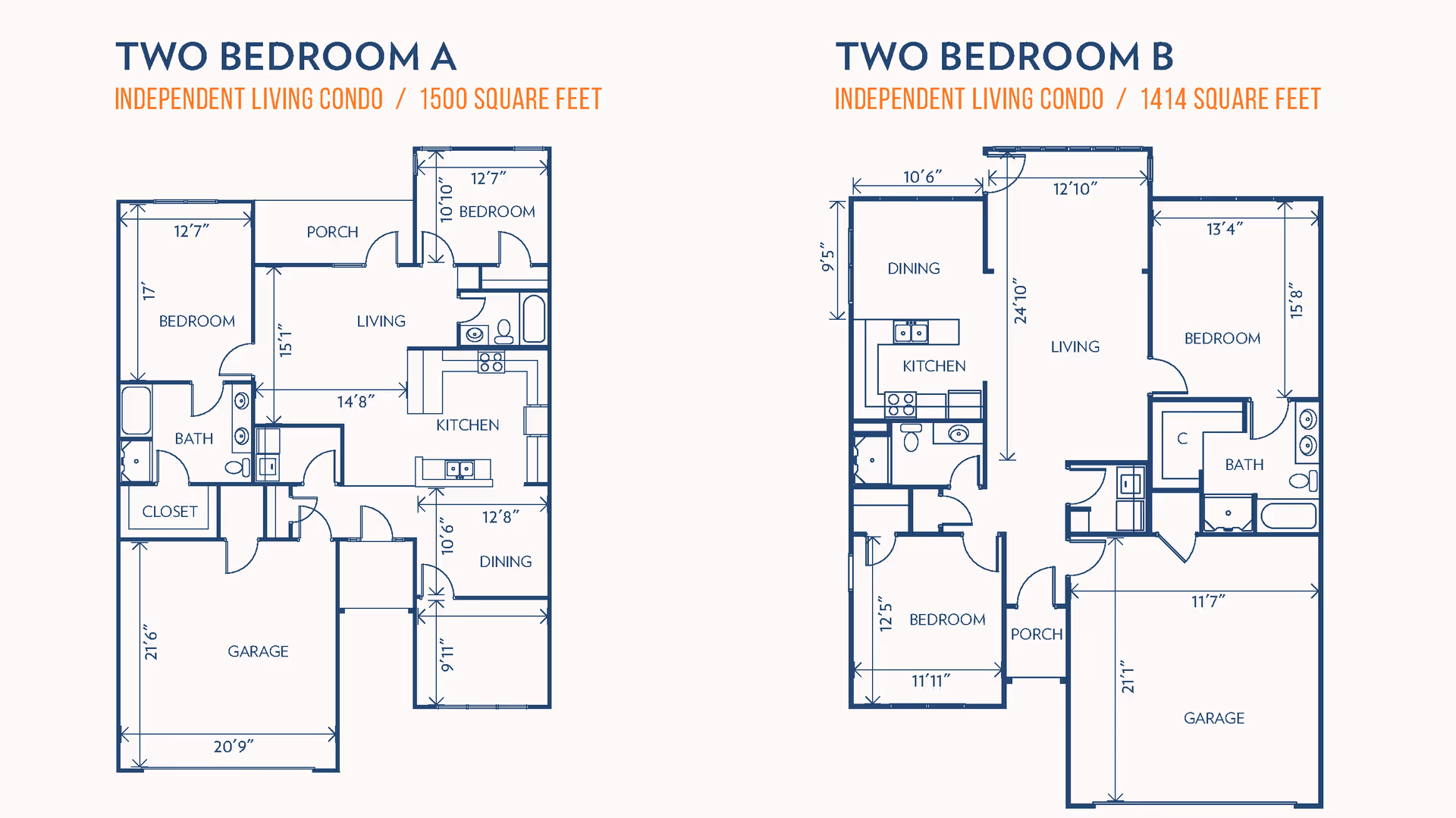 Architectural floor plans for two types of two-bedroom independent living condos labeled Two Bedroom A and Two Bedroom B, showing room dimensions including bedrooms, living areas, kitchens, dining rooms, bathrooms, closets, porches, and garages.