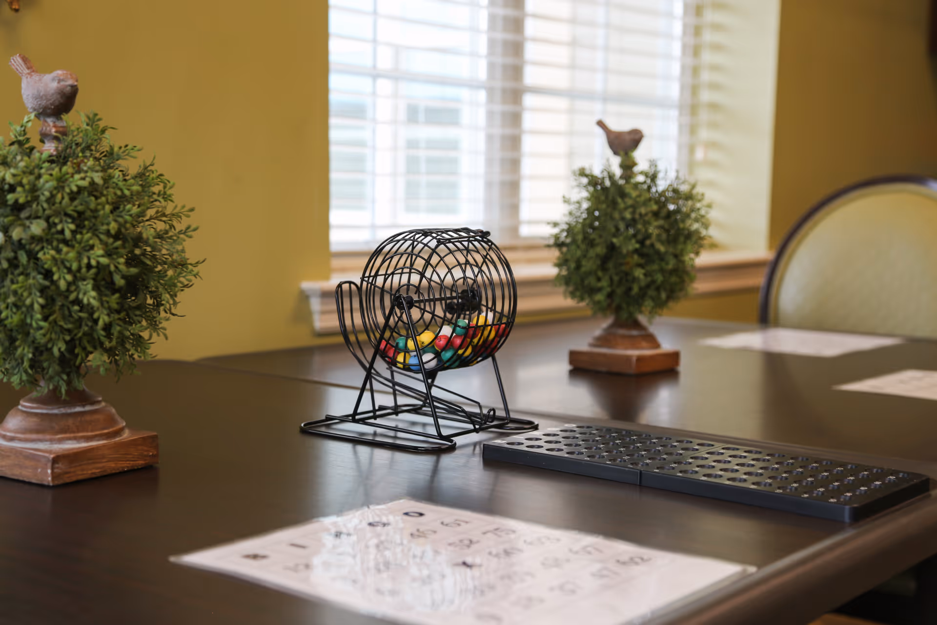 A table with a bingo cage containing colorful balls, two small decorative plants with bird figurines on top, bingo cards, and a black bingo number holder in a room with yellow walls and a window with white blinds.