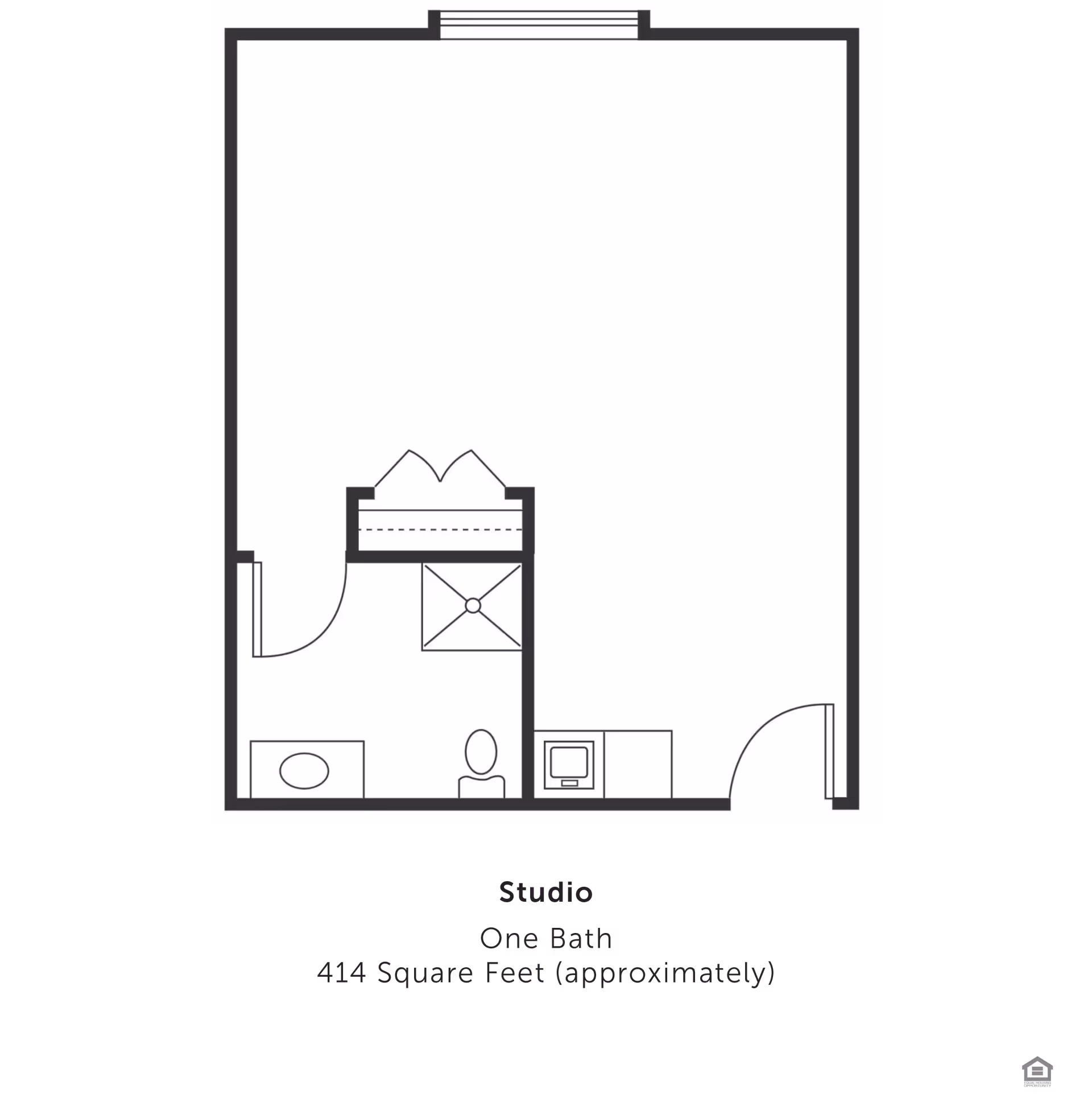 Floor plan of a studio apartment at Dalton Square showing one bathroom and an open living area with a small kitchen section. The layout includes a bathroom with a toilet, sink, and shower, and an entry door leading into the main living space.