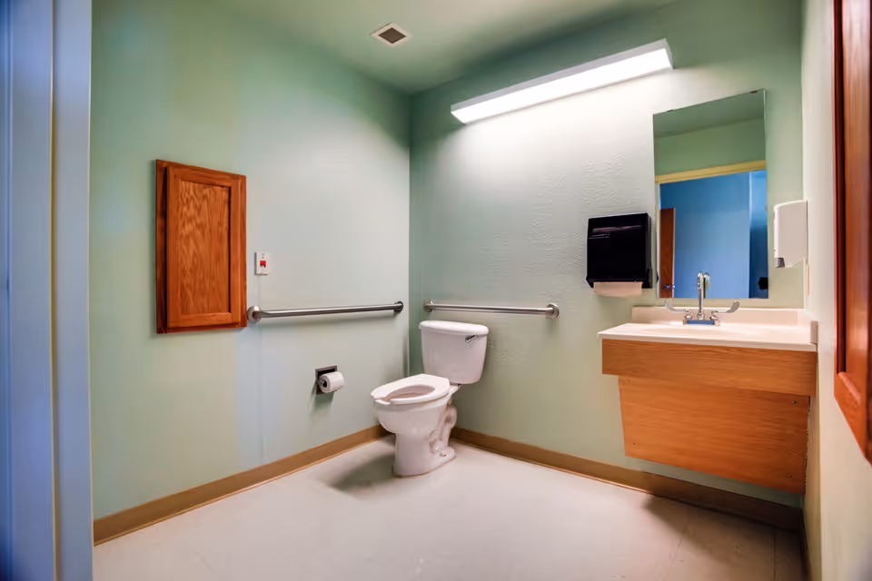A clean, accessible bathroom with light green walls, a white toilet with grab bars on both sides, a wooden cabinet on the wall, a sink with a wooden base, a large mirror, and a paper towel dispenser.