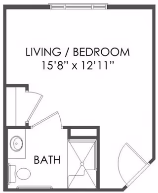 Architectural floor plan showing a combined living and bedroom area measuring 15 feet 8 inches by 12 feet 11 inches, with an adjacent bathroom that includes a toilet, sink, and shower.