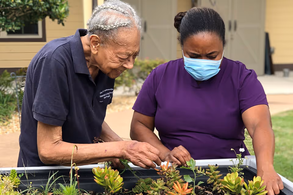 An elderly woman and a caregiver wearing a face mask are tending to a raised garden bed with various succulent plants outdoors near a building.