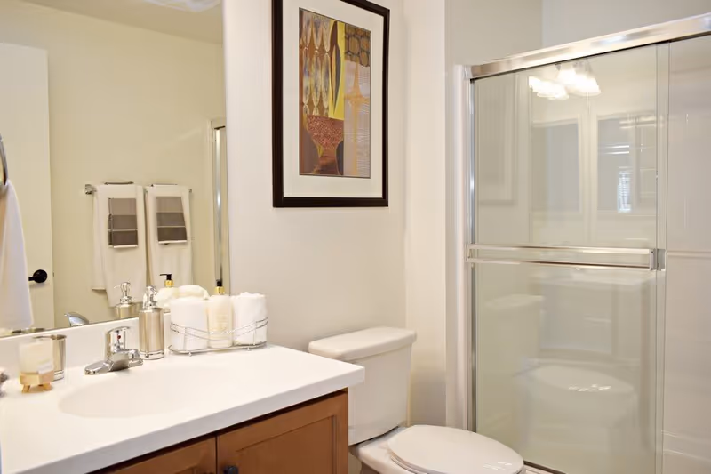 Bright bathroom with a sink vanity, countertop accessories, toilet, framed artwork, and a glass-enclosed shower.