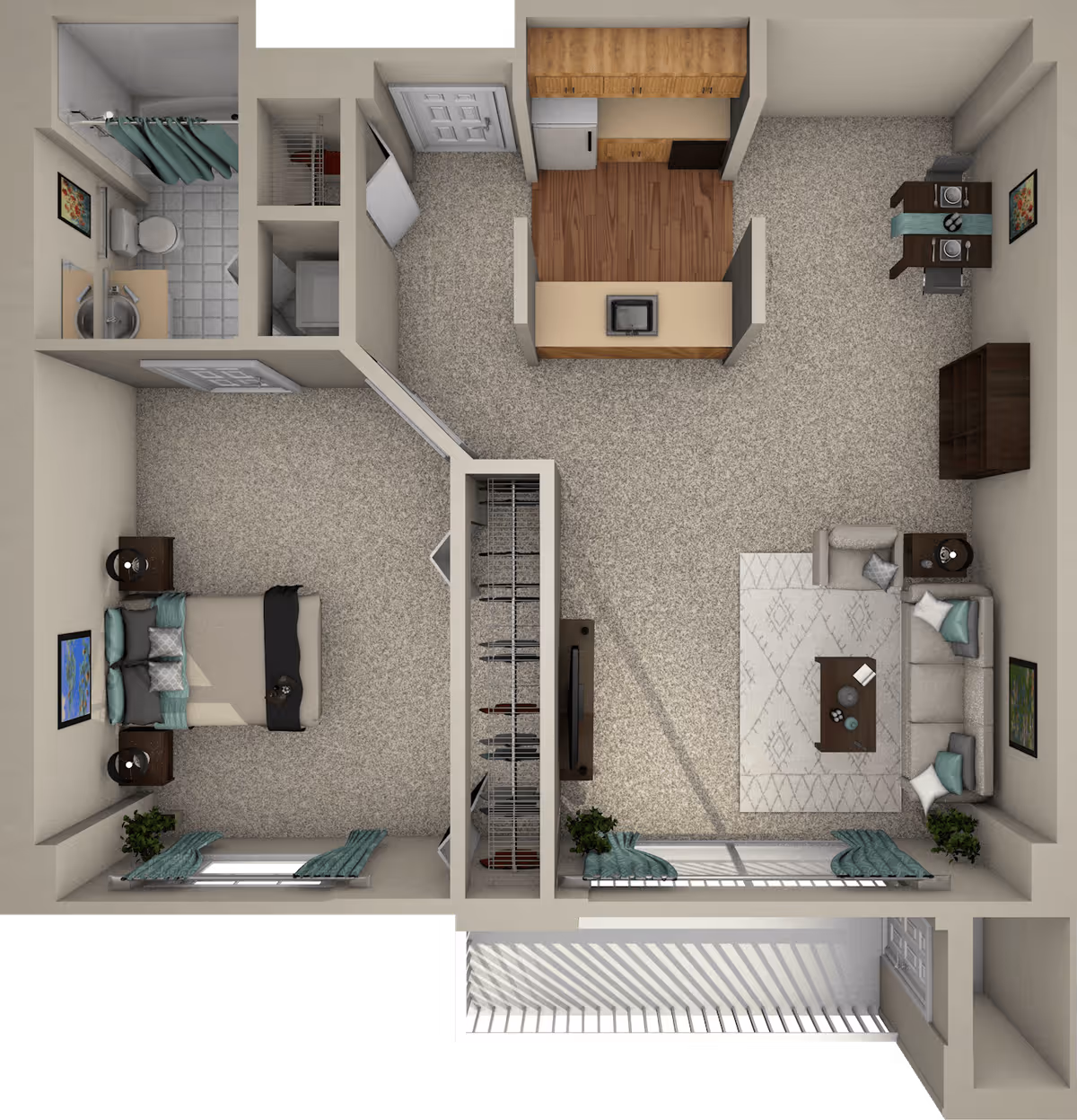 Top-down view of a one-bedroom apartment floor plan showing a bedroom with a bed and nightstands, a bathroom with a shower, toilet, and sink, a kitchen with wooden cabinets and appliances, a living room with a sofa, coffee table, TV, and dining table, and a balcony area.