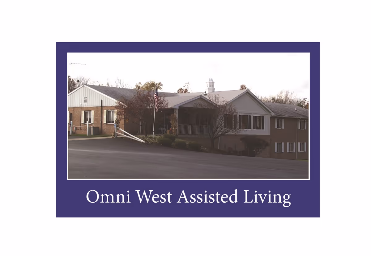 Front exterior of Omni West Assisted Living with purple-framed sign