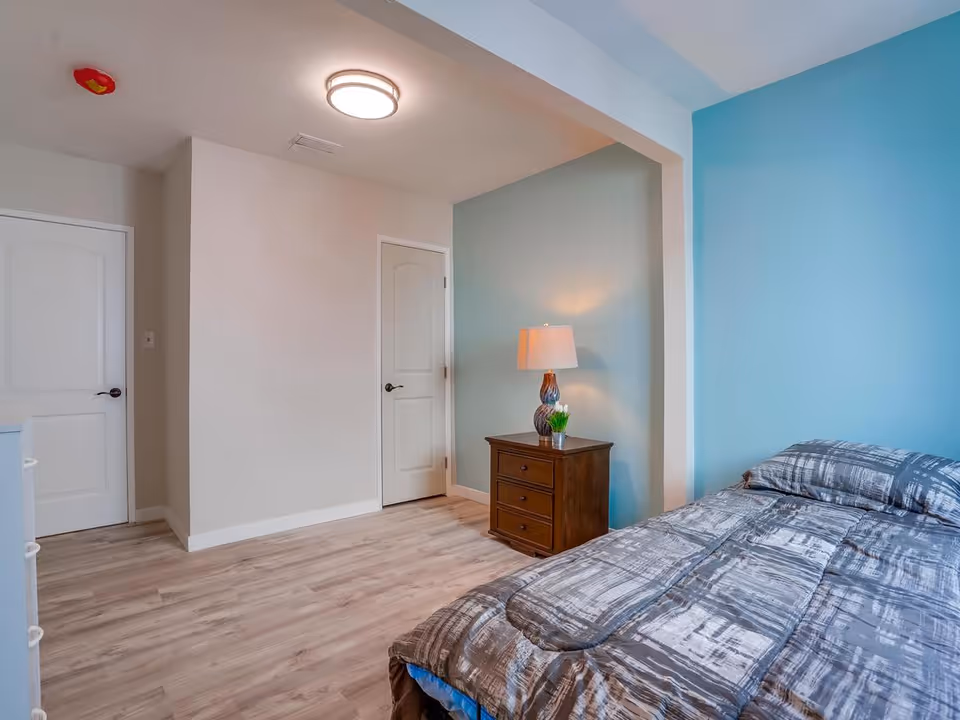 A bedroom with light wood flooring, a bed with a gray patterned comforter, a wooden nightstand with a lamp and a small plant, light blue and white walls, and two closed white doors.