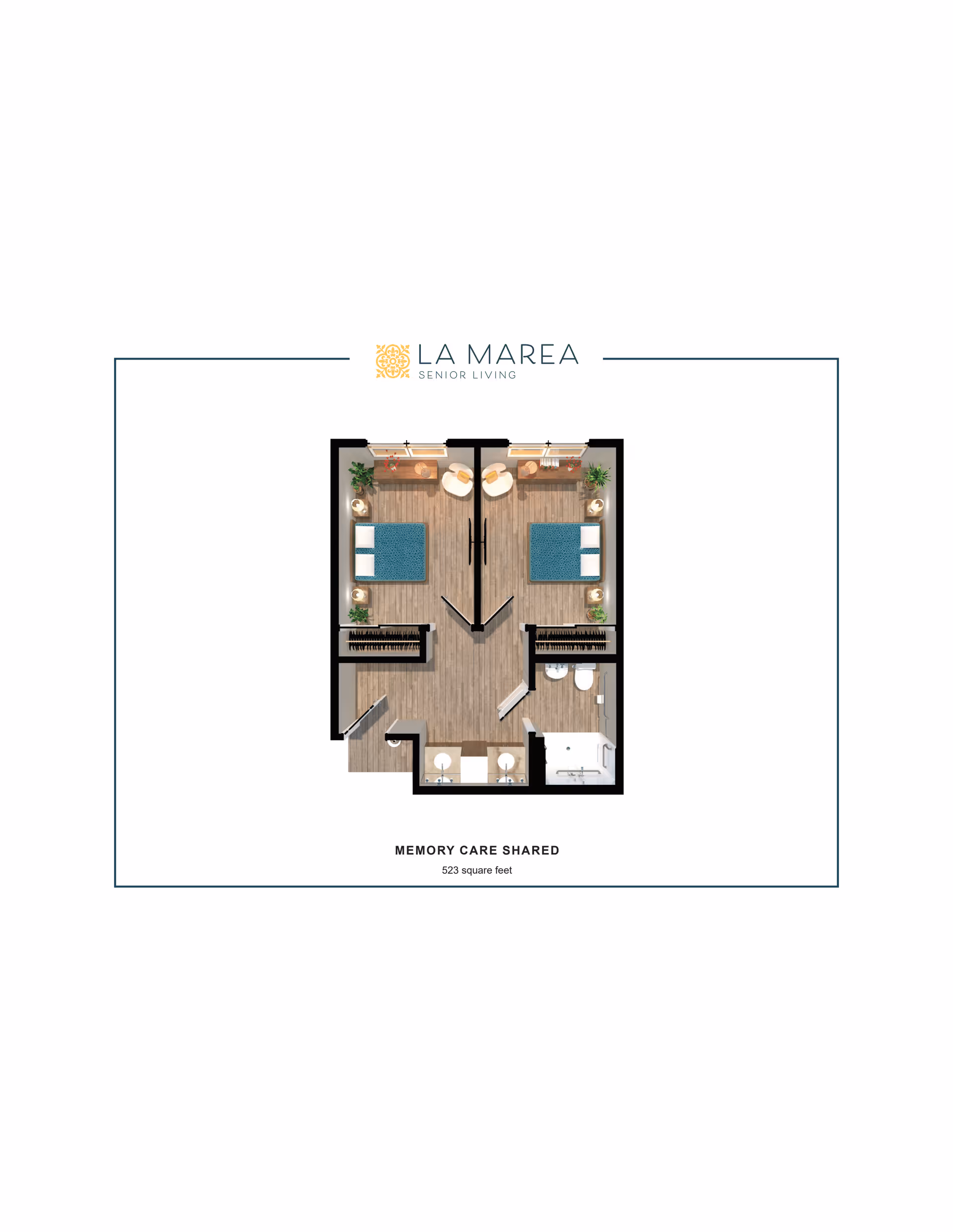 Floor plan of a memory care shared living space at La Marea Senior Living, showing two bedrooms each with a bed, nightstands, and chairs, separated by a shared bathroom area with two sinks, a toilet, and a shower.