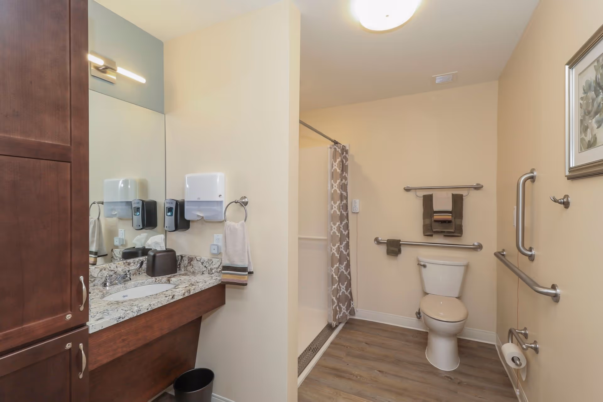 Accessible bathroom with a granite-topped sink, toilet, shower with a patterned curtain, and multiple grab bars.