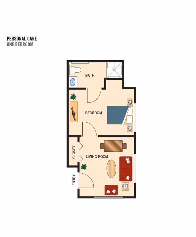 Floor plan layout of a one-bedroom personal care unit at Blue Bell Place, showing an entry leading into a living room with seating and a table, a bedroom with a bed and nightstands, a bathroom with a toilet, sink, and shower, and a closet near the entry.