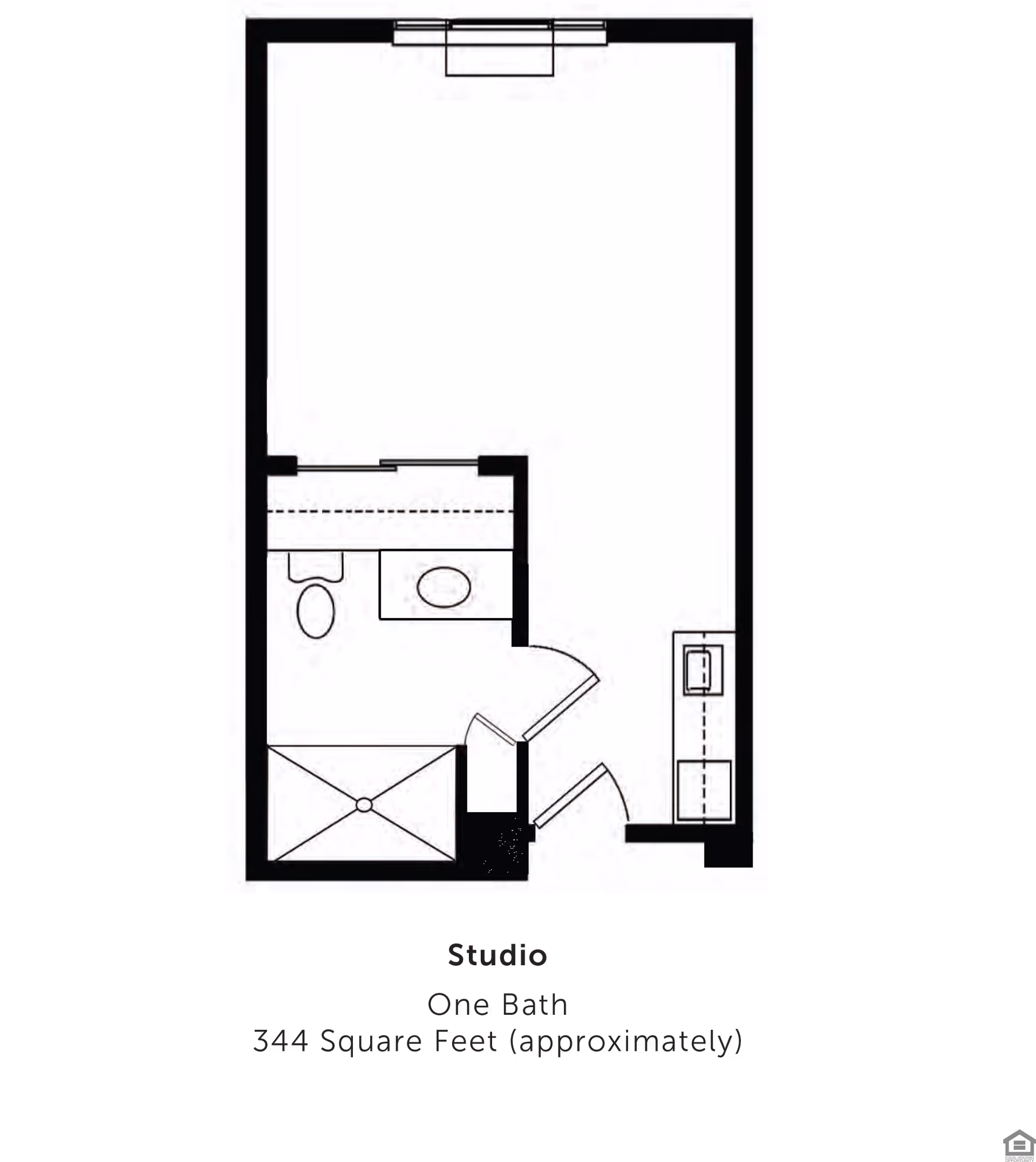 Black-and-white floor plan of a studio apartment showing a bathroom with shower, toilet and sink, a kitchenette, and a main living area.