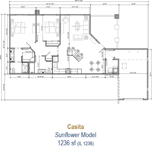 Architectural floor plan of a Casita Sunflower Model senior living unit showing layout with two bedrooms, living room, kitchen, dining area, and bathrooms.
