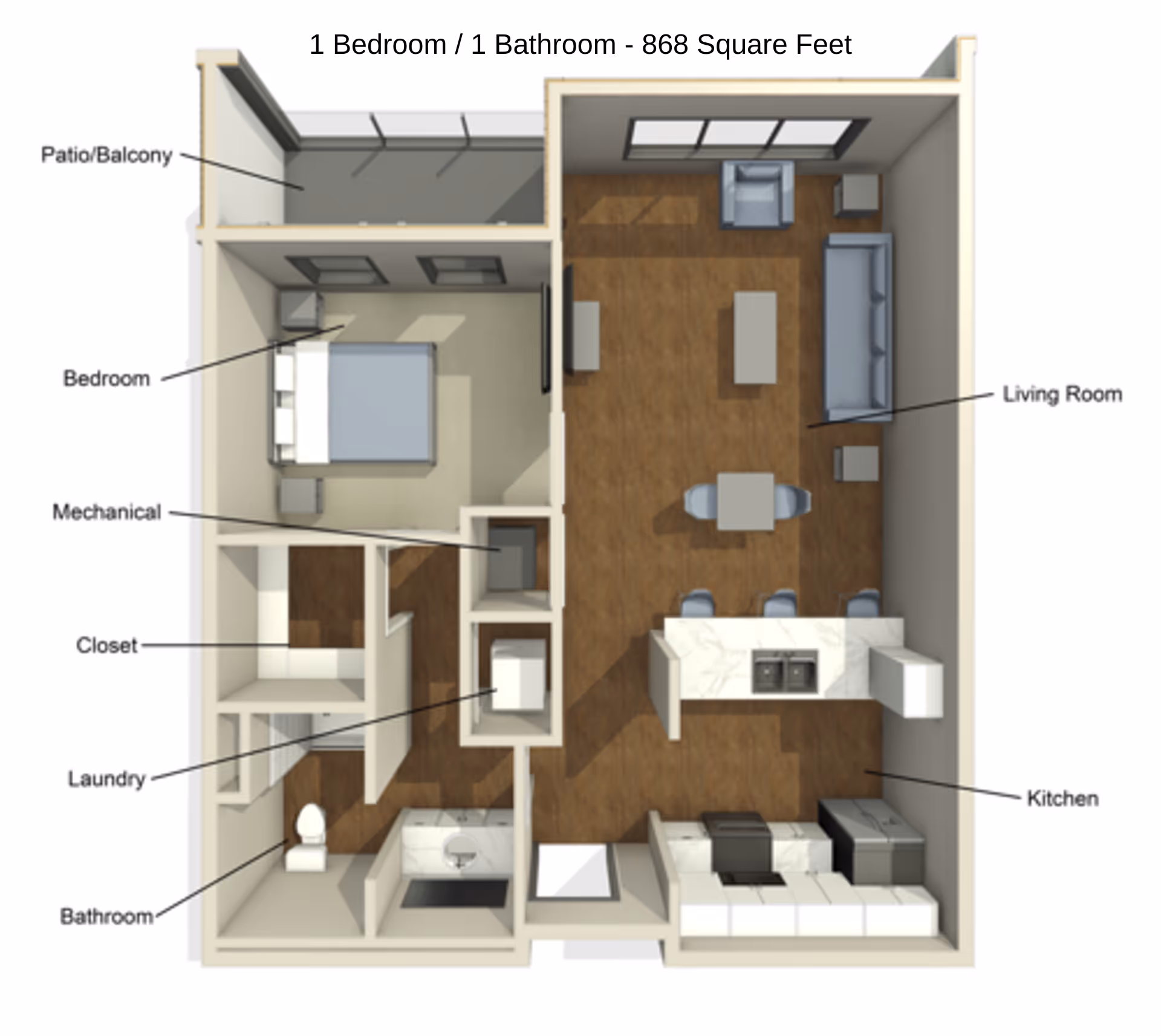 3D labeled floor plan of a one-bedroom, one-bathroom 868 sq ft apartment showing a living room with seating and dining area, kitchen with island, bedroom, bathroom, closet, laundry, mechanical room and patio/balcony.