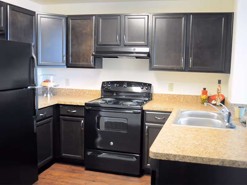 A kitchen with dark wood cabinets, a black refrigerator, a black electric stove with an oven, a double stainless steel sink, and beige countertops. There are a few decorative items on the countertop including a glass cake stand with fruit and two jars with colorful contents.