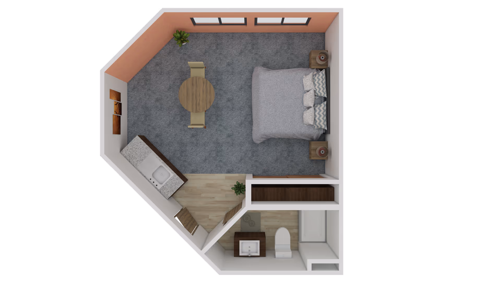 Top-down view of a senior living studio apartment floor plan featuring a bedroom area with a bed and two nightstands, a small dining table with two chairs, a kitchenette with a sink and countertop, and a bathroom with a toilet, sink, and shower. The bedroom area has carpet flooring, while the kitchenette and bathroom have wood-style flooring. There are windows along one wall and some plants and wall art for decoration.