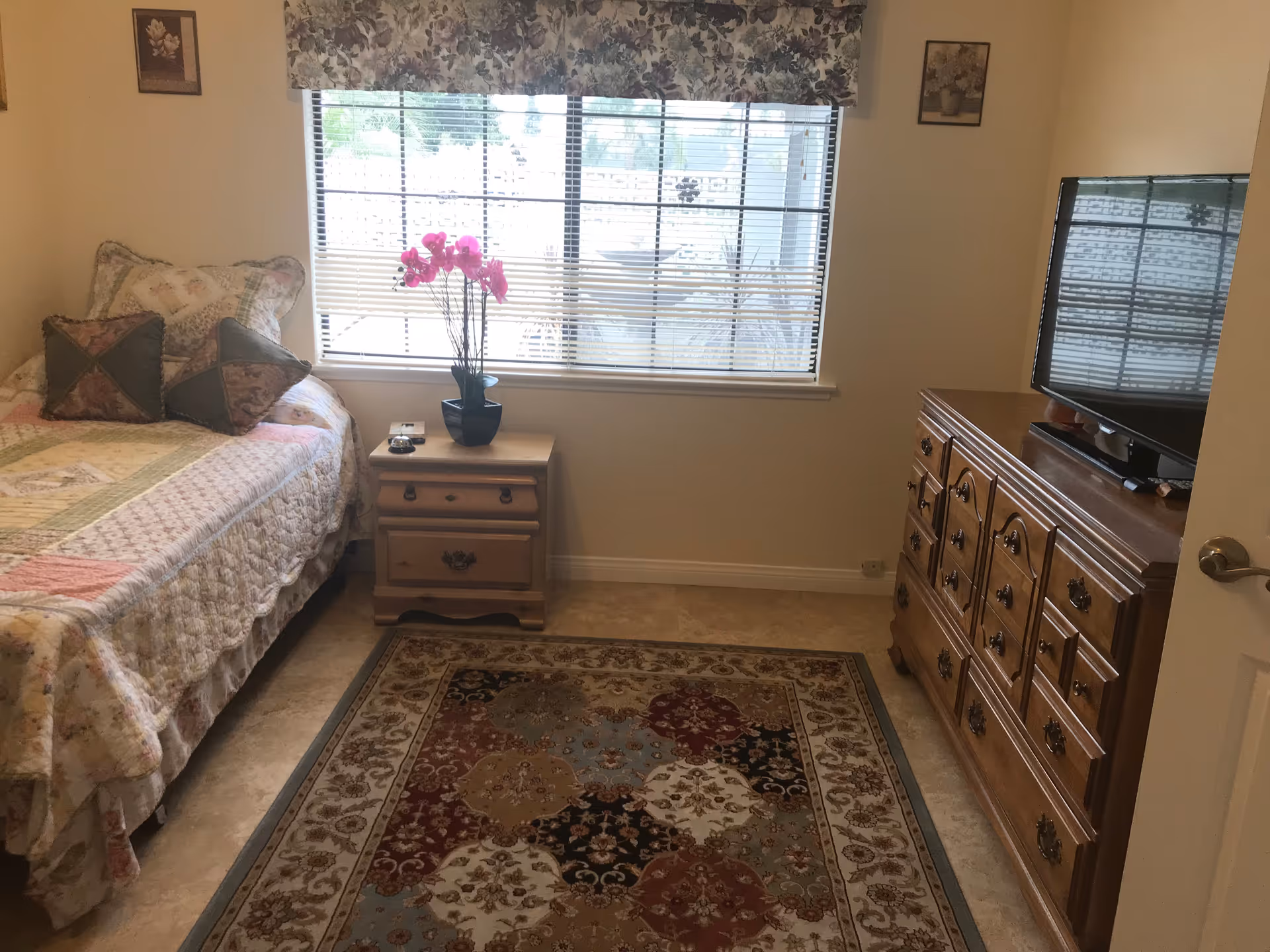 Small furnished bedroom with a single bed, nightstand holding a potted orchid beneath a window, and a dresser with a TV.