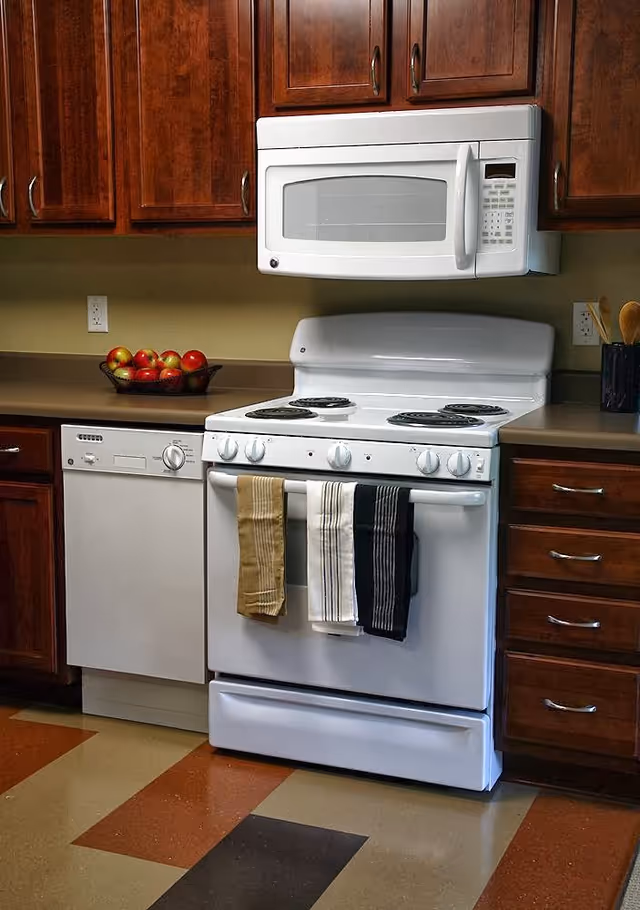 A kitchen area featuring a white electric stove with three dish towels hanging on the handle, a white microwave mounted above the stove, a white dishwasher to the left, dark wooden cabinets above and below the countertop, a bowl of apples on the counter, and a utensil holder with wooden spoons on the right side.