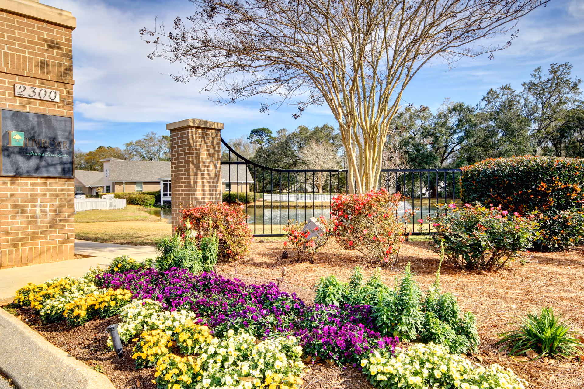 Outdoor garden area at Live Oak Village featuring colorful flower beds with yellow, white, and purple flowers, a brick pillar with the address 2300 and a Live Oak Assisted Living Center sign, a black metal fence, a tree with bare branches, and a pond in the background under a partly cloudy sky.