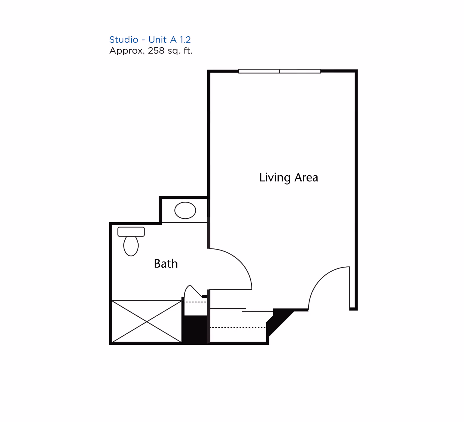 Floor plan of a studio unit labeled Unit A 1.2 with approximately 258 square feet, showing a living area and a bath with a toilet and sink.