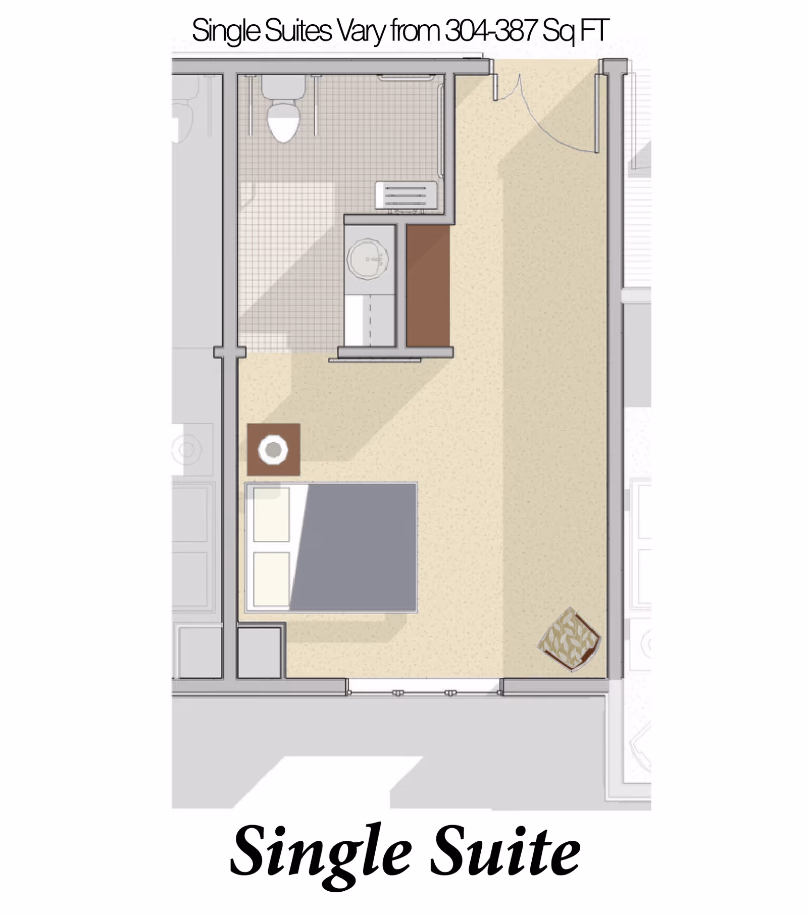 Floor plan layout of a single suite showing a bedroom area with a bed and nightstand, a bathroom with a toilet and shower, and an entry area. The suite size varies from 304 to 387 square feet.