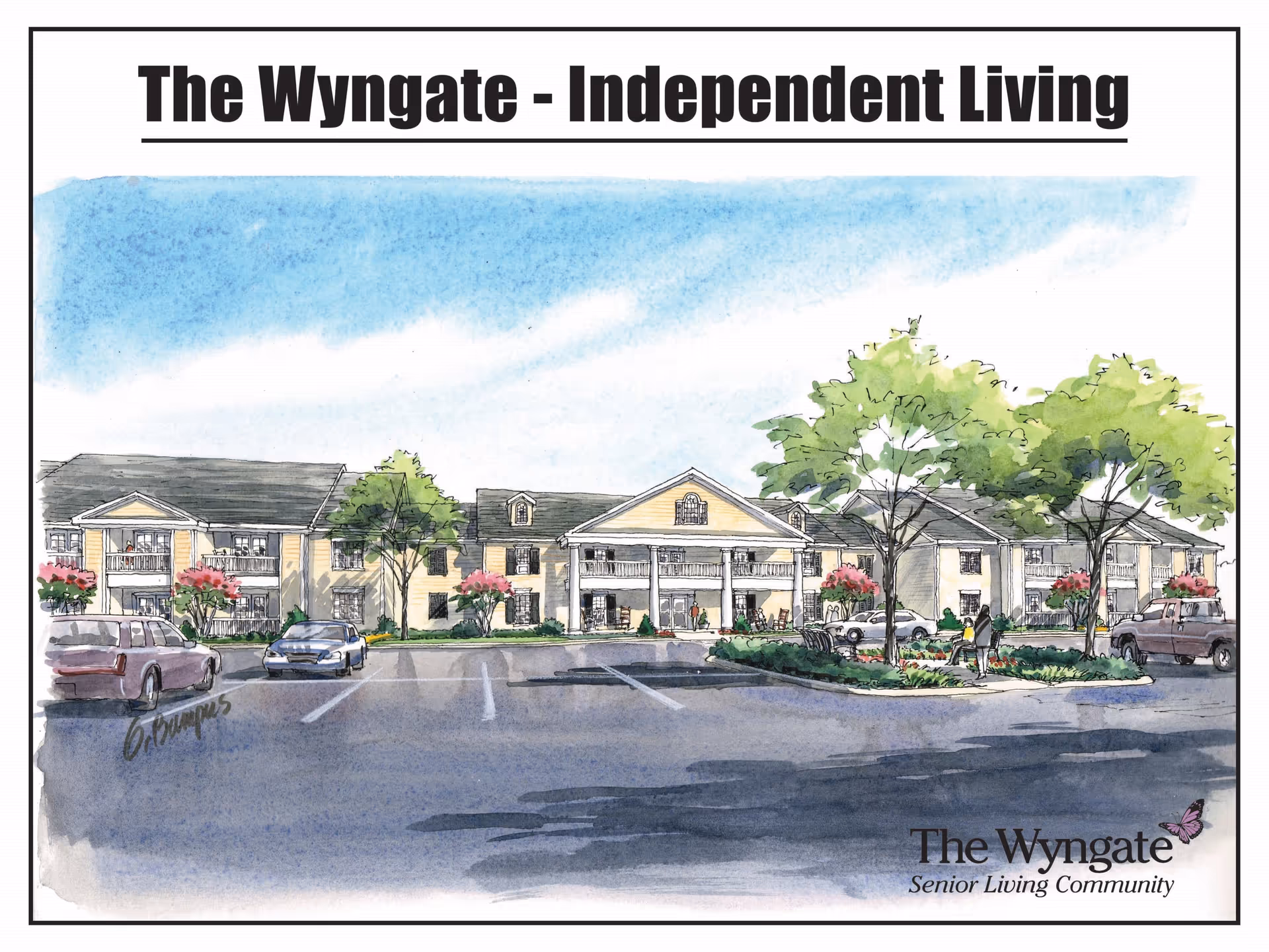Illustration of The Wyngate Senior Living Community building with a parking lot in front, trees, and landscaping under a blue sky.
