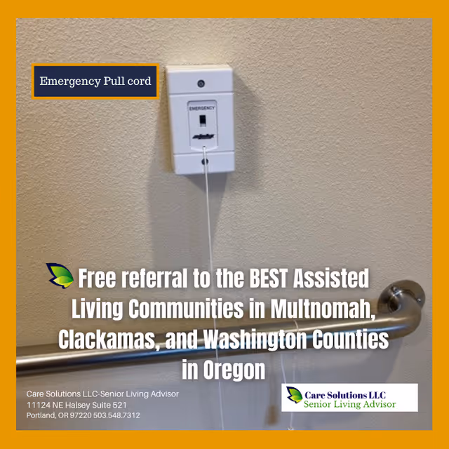 Wall-mounted emergency pull cord above a metal grab bar, typically found in assisted living or senior care bathrooms for safety.