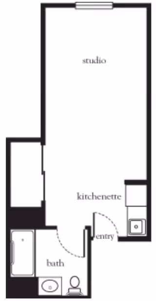 Floor plan of a studio apartment with a kitchenette, entry area, bathroom with bathtub, sink, and toilet.
