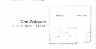 Floor plan layout of a one-bedroom unit measuring 21 feet 7 inches by 20 feet 4 inches with a total area of 443 square feet, showing labeled areas for bedroom, living room, bathroom, and closet.