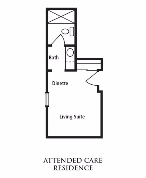 Floor plan of an attended care residence showing a bath, dinette, and living suite area with labeled sections.