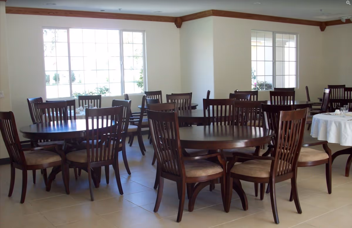 Sunlit dining room with multiple round wooden tables and chairs arranged near large windows.