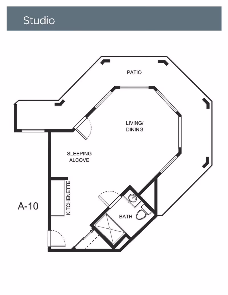 Architectural floor plan of a studio apartment labeled A-10 at Holiday Echo Ridge, showing a patio, living/dining area, sleeping alcove, kitchenette, and a bathroom with a shower, toilet, and sink.