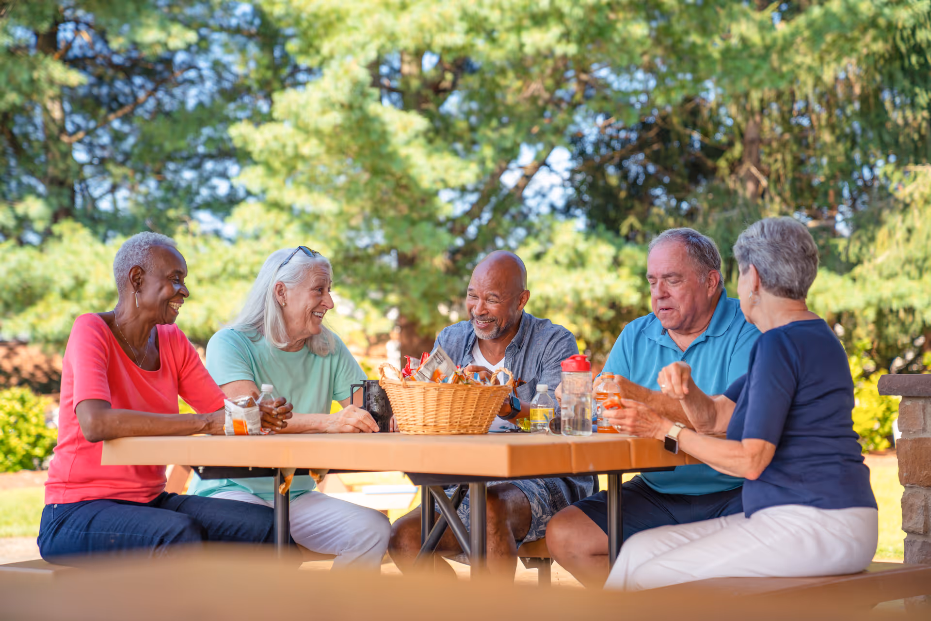 Five elderly people sitting around a picnic table outdoors, enjoying snacks and drinks, with trees and greenery in the background.