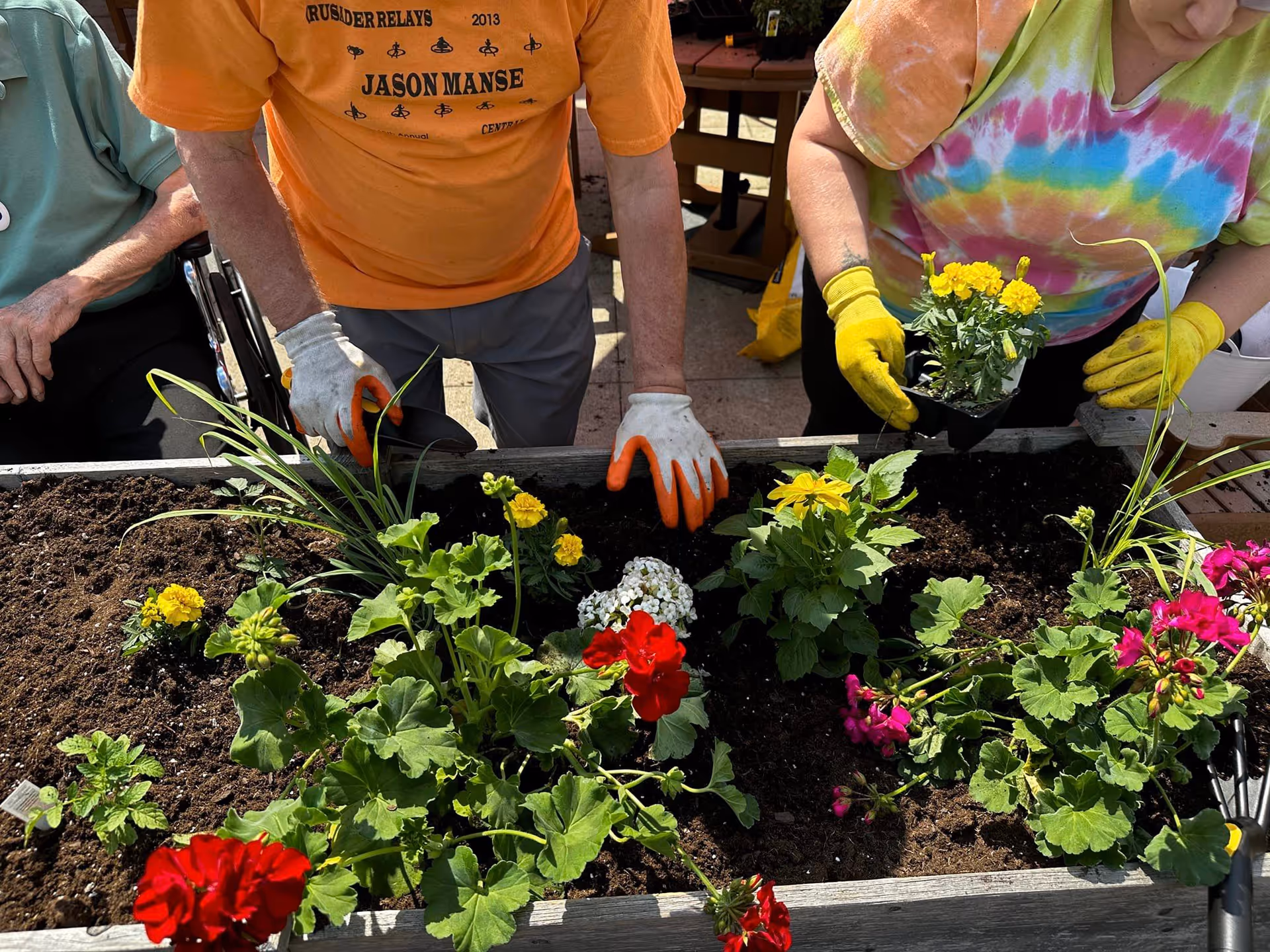 Two people wearing gardening gloves planting colorful flowers in a raised garden bed outdoors. One person is wearing an orange shirt and the other a tie-dye shirt. Various flowers including red, yellow, white, and pink blooms are visible in the soil.