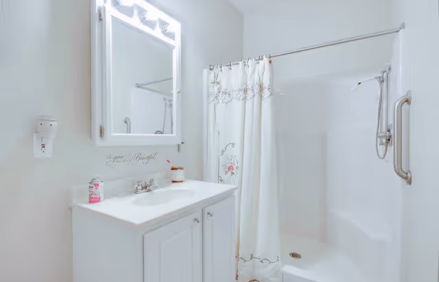 A clean and bright bathroom featuring a white vanity with a sink, a mirror with lights above it, a shower area with a white curtain decorated with floral patterns, and a grab bar on the shower wall.