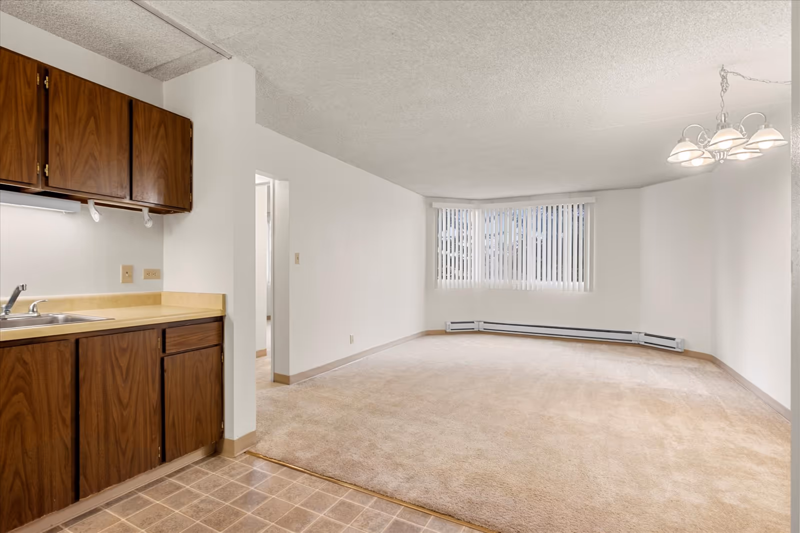 Empty apartment interior showing a small kitchen area with wooden cabinets and a sink on the left, transitioning to a carpeted living room with a large window covered by vertical blinds and a ceiling light fixture on the right.