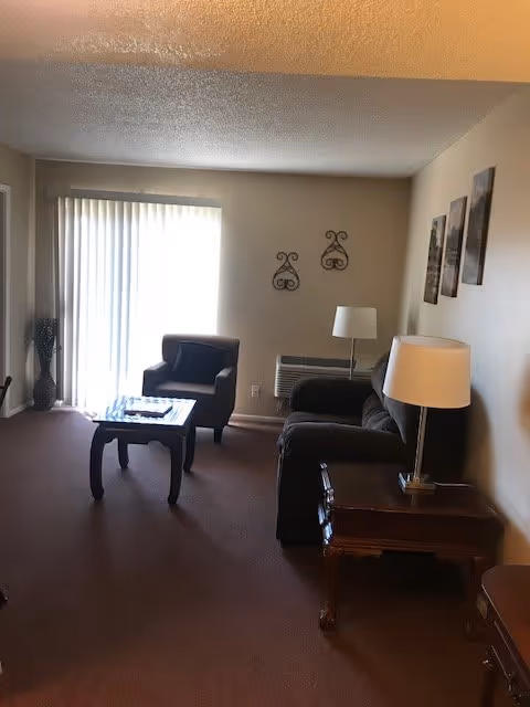 A living room with a brown carpet, a dark brown sofa, a matching armchair, a wooden coffee table, and two side tables with lamps. There are three framed pictures on the wall and two decorative wall hangings. A large window with vertical blinds lets in natural light.