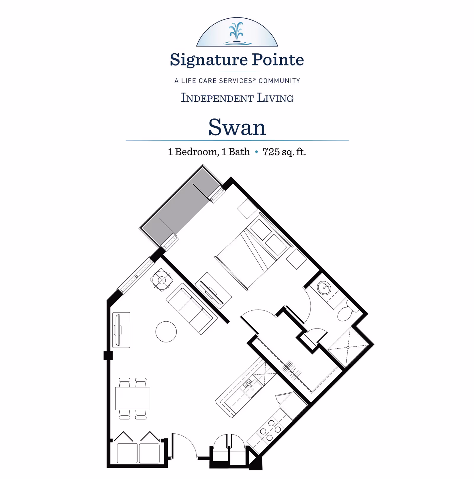 Floor plan for Signature Pointe Independent Living apartment named Swan, featuring 1 bedroom, 1 bathroom, and 725 square feet. The layout includes a bedroom with a bed and nightstands, a bathroom with a sink, toilet, and shower, a kitchen with appliances and a counter, a dining area with a table and chairs, and a living area with a sofa, coffee table, and TV. There is also a balcony or patio area.