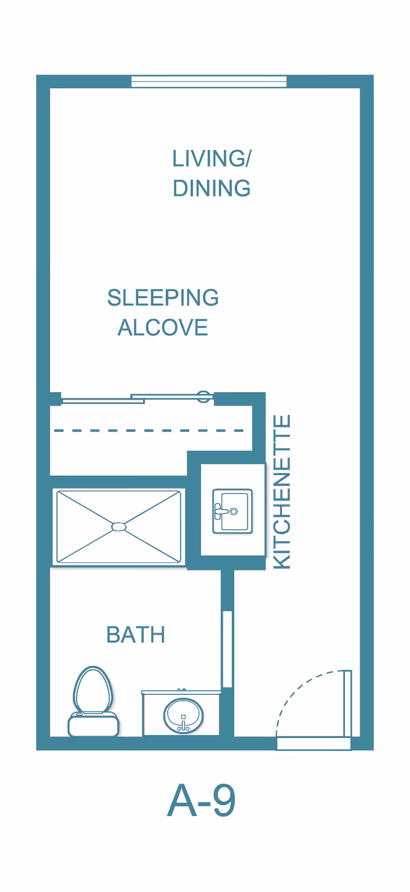 Floor plan layout of a studio apartment labeled A-9 at Holiday Rock Creek, showing a living/dining area, sleeping alcove, kitchenette, and a bathroom with a toilet, sink, and shower.
