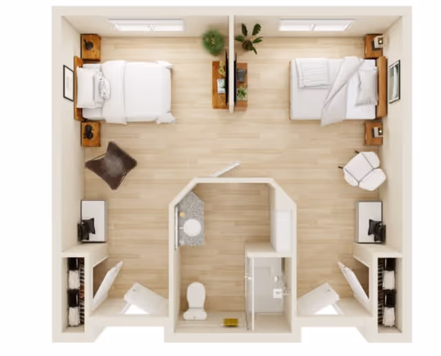 Top-down view of a shared bedroom layout with two separate sleeping areas. Each side has a bed, nightstand, chair, and dresser. The center area contains a bathroom with a toilet, sink, and shower. There are closets on either side of the bathroom.