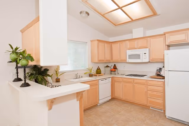 Bright kitchen with light wood cabinets, white appliances including a refrigerator, microwave, dishwasher, and a gas stove. There is a window above the sink letting in natural light, and several decorative plants and items on the countertops. The ceiling has a recessed light fixture with a wooden frame.