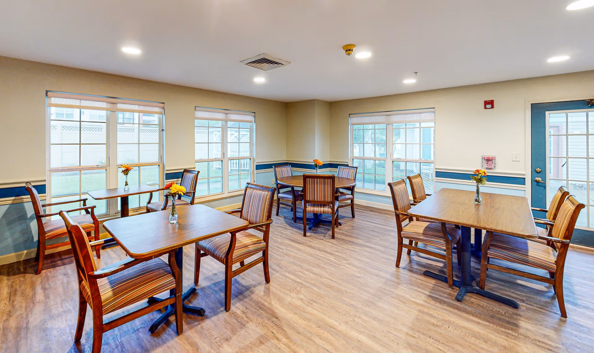 A bright dining room with wooden tables and striped cushioned chairs arranged neatly. Each table has a small vase with yellow flowers. Large windows allow natural light to fill the room, and a blue door is visible on the right side. The floor is wood, and the walls are painted beige with a blue accent stripe.