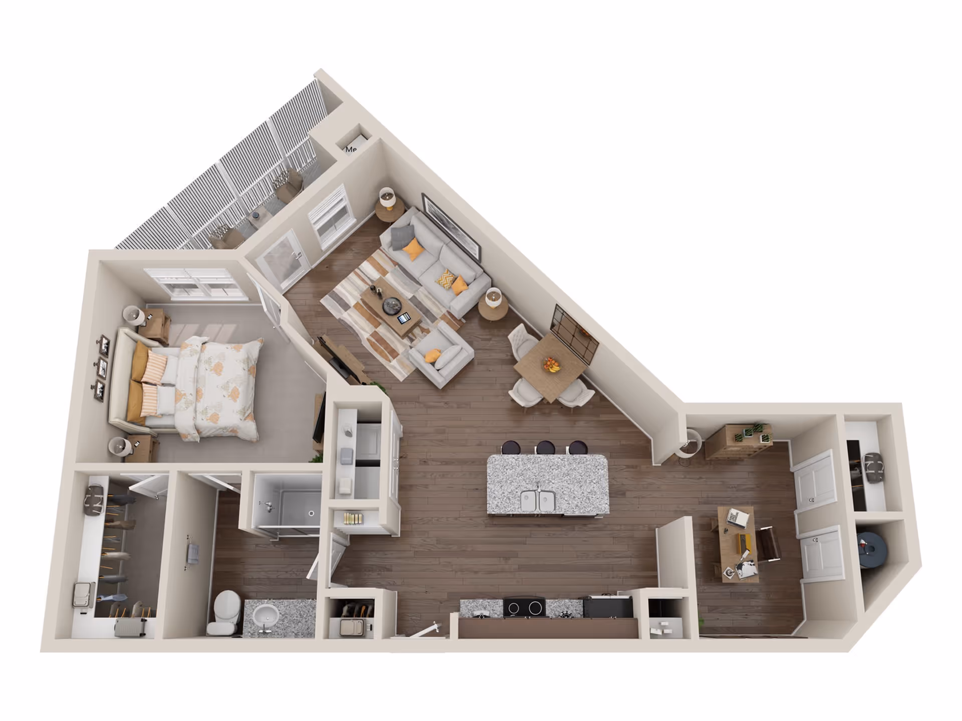 3D floor plan of a one-bedroom apartment featuring a bedroom with a bed and nightstands, a bathroom with a shower, toilet, and sink, a walk-in closet, an open living room with a sectional sofa and coffee table, a dining area with a table and chairs, a kitchen with an island and bar stools, and a small office area. There is also a balcony accessible from the living room.