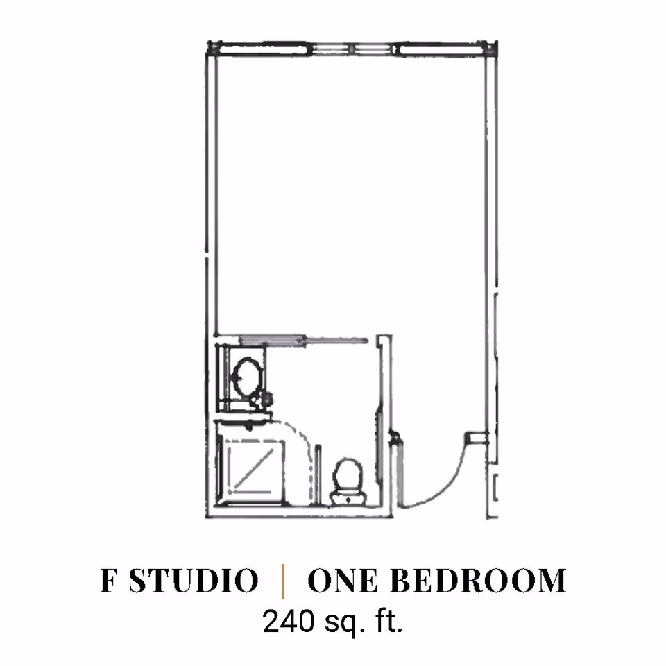 Floor plan layout of a studio or one-bedroom apartment with a bathroom and a main living area, labeled as F Studio One Bedroom with 240 square feet.