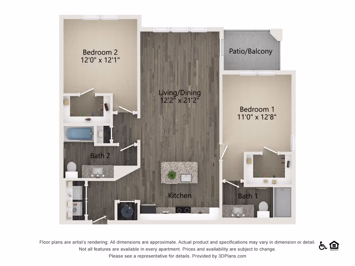 Floor plan of a two-bedroom apartment at Overture Hamlin showing Bedroom 1 with dimensions 11'0" x 12'8" and Bedroom 2 with dimensions 12'0" x 12'1", two bathrooms labeled Bath 1 and Bath 2, a combined living and dining area measuring 12'2" x 21'2", a kitchen with an island, and a patio/balcony area.