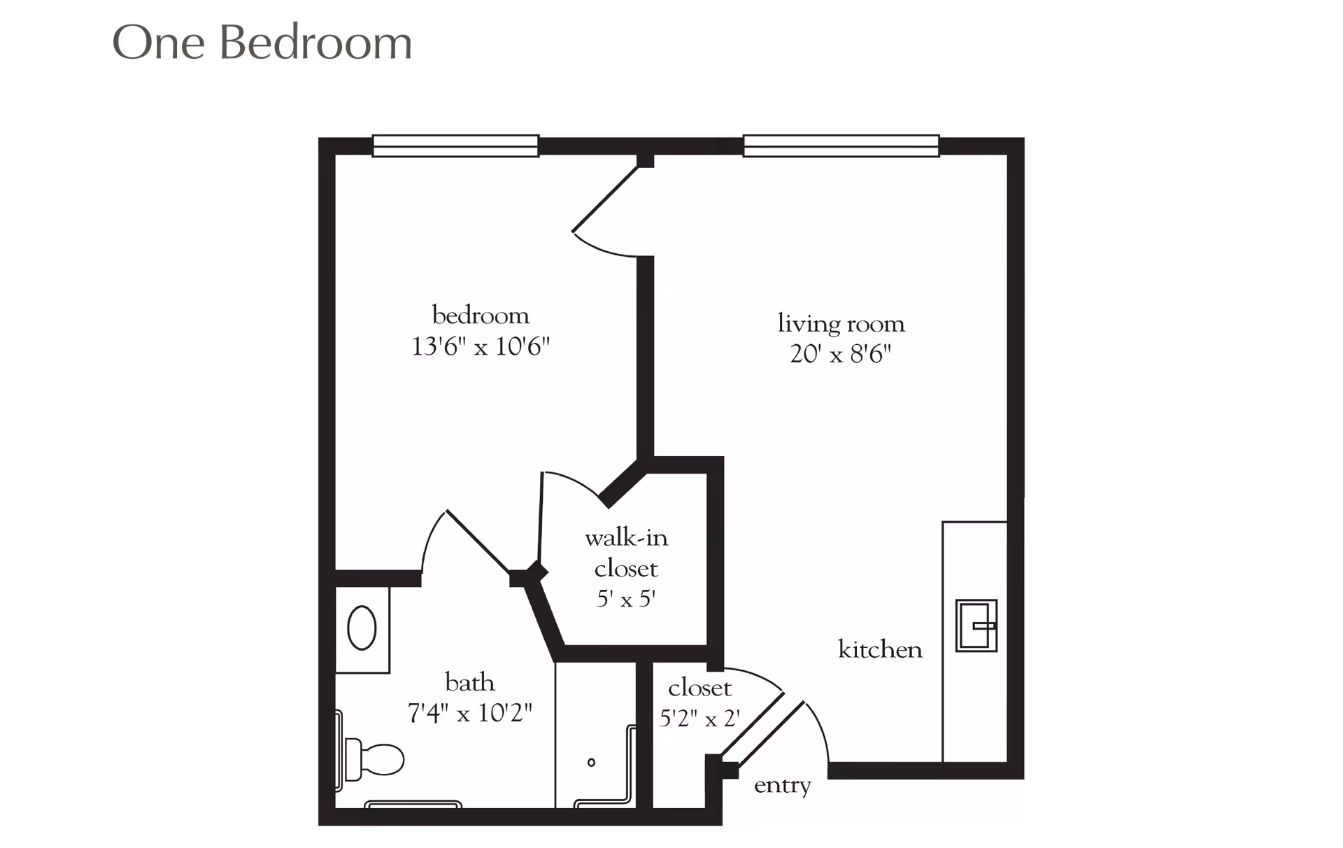 Floor plan of a one-bedroom apartment showing a bedroom, living room, kitchen, bath, walk-in closet, and entry with dimensions labeled.