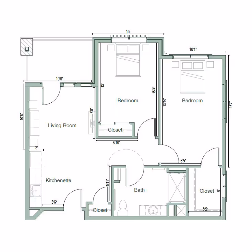 Floor plan of a two-bedroom apartment showing a living room, kitchenette, bathroom, and multiple closets with room dimensions.