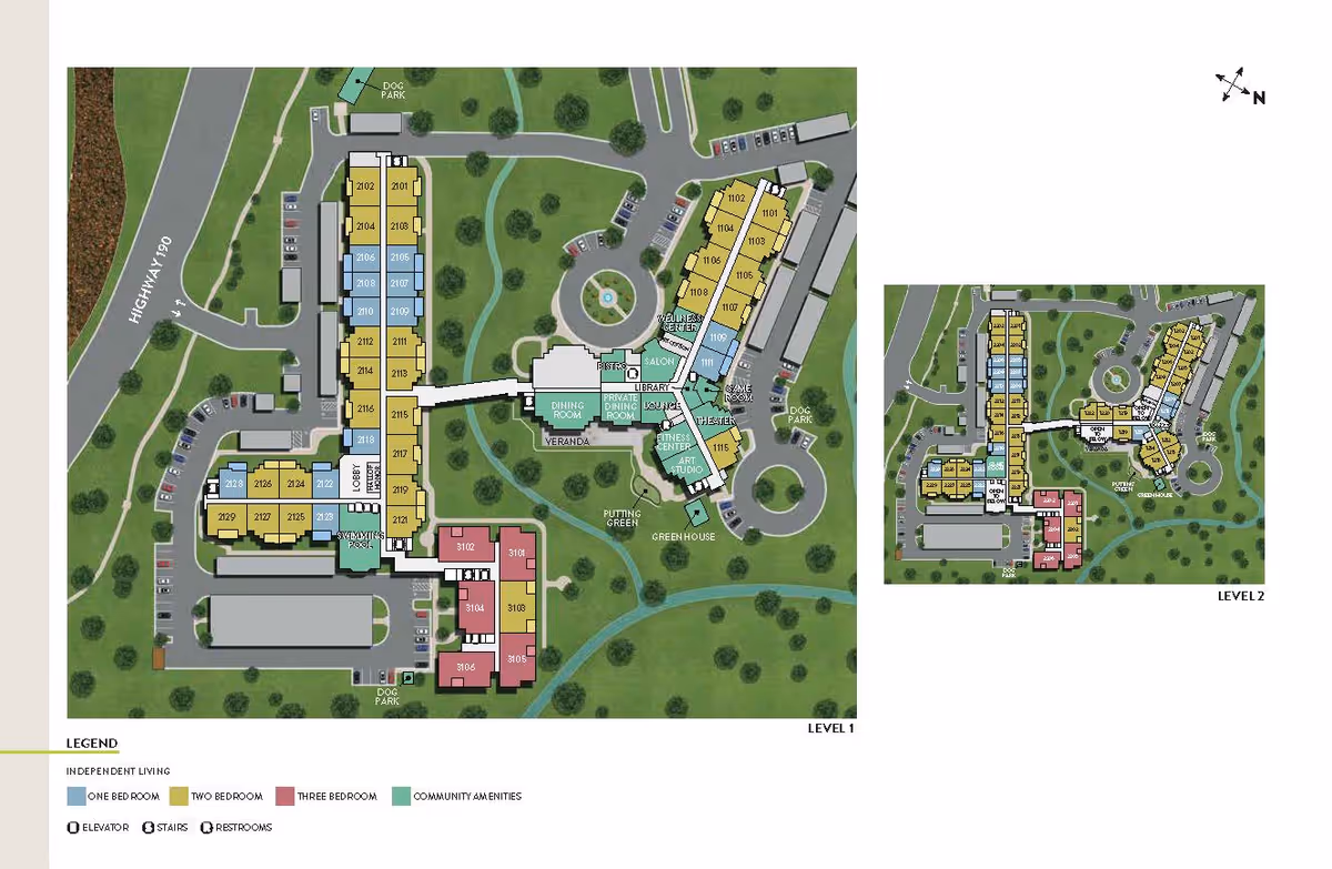 Architectural floor plan of Atria Canyon Creek senior living facility showing two levels with labeled independent living apartments, community amenities, parking areas, dog parks, and outdoor green spaces.